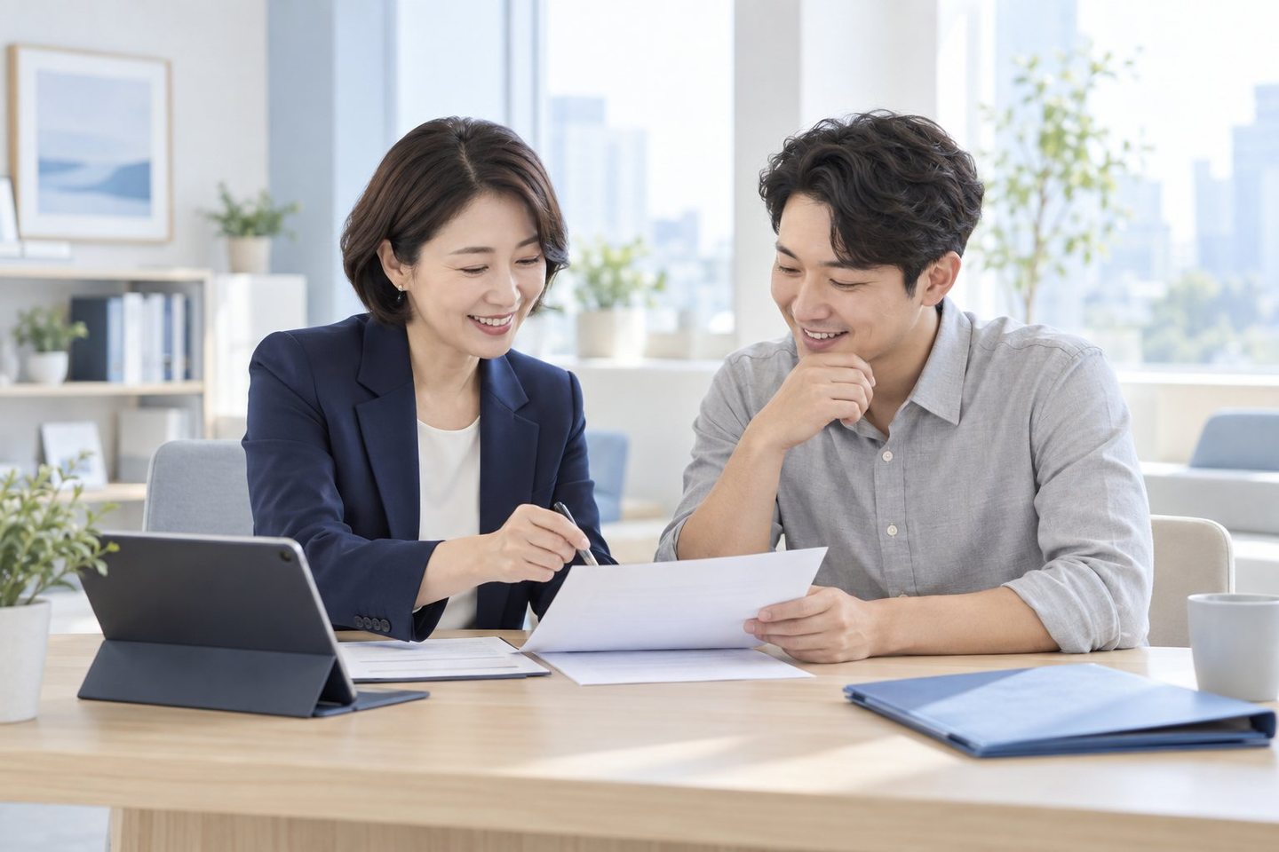 상담 자리에서 서류를 함께 검토하는 두 사람 — 쇼핑몰 PG 가입 미리 갖출 것, 필요한 내용부터 함께 살펴봅니다.