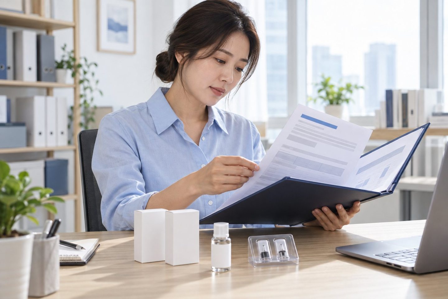 서류 묶음을 펼쳐 내용을 읽는 여성 — 쇼핑몰 PG 가입 절차 절차는 다섯 단계면 끝납니다. 연락 주시면 단계마다 저희가 먼저 챙깁니다.